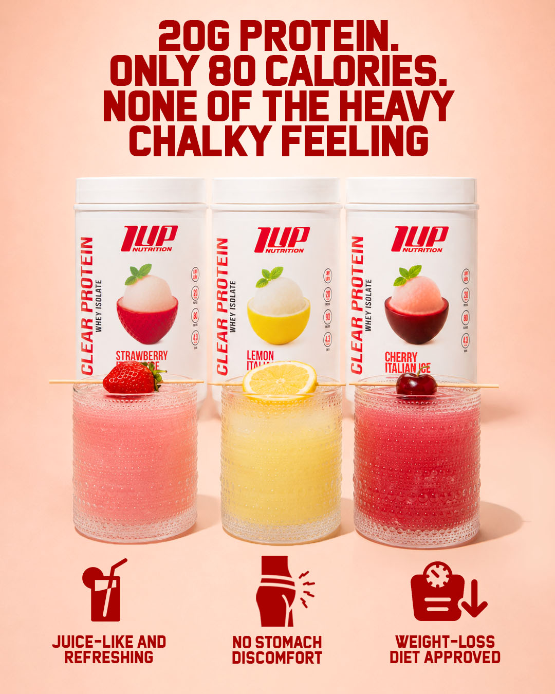1 Up Nutrition Facebook ad: No chalk. No bloat. No protein aftertaste.