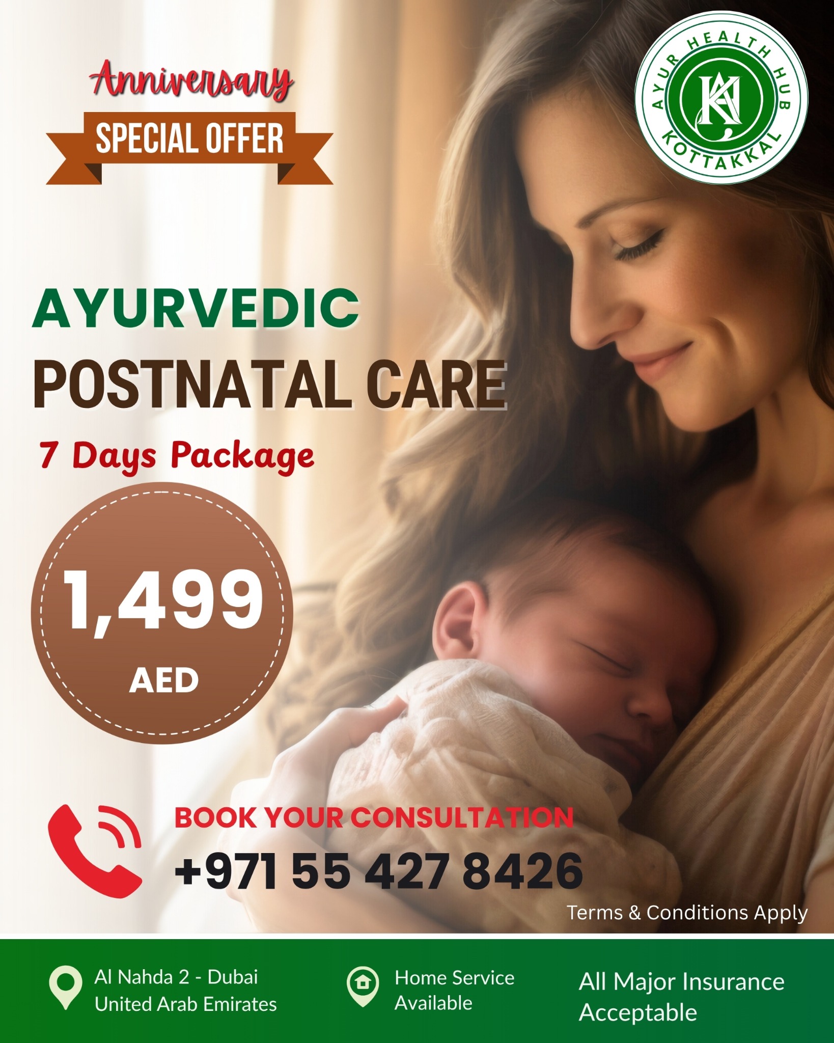 Kottakkal Ayur Health Hub Facebook ad: Natural Postnatal Healing in Dubai, 7 Days @ AED 1,499