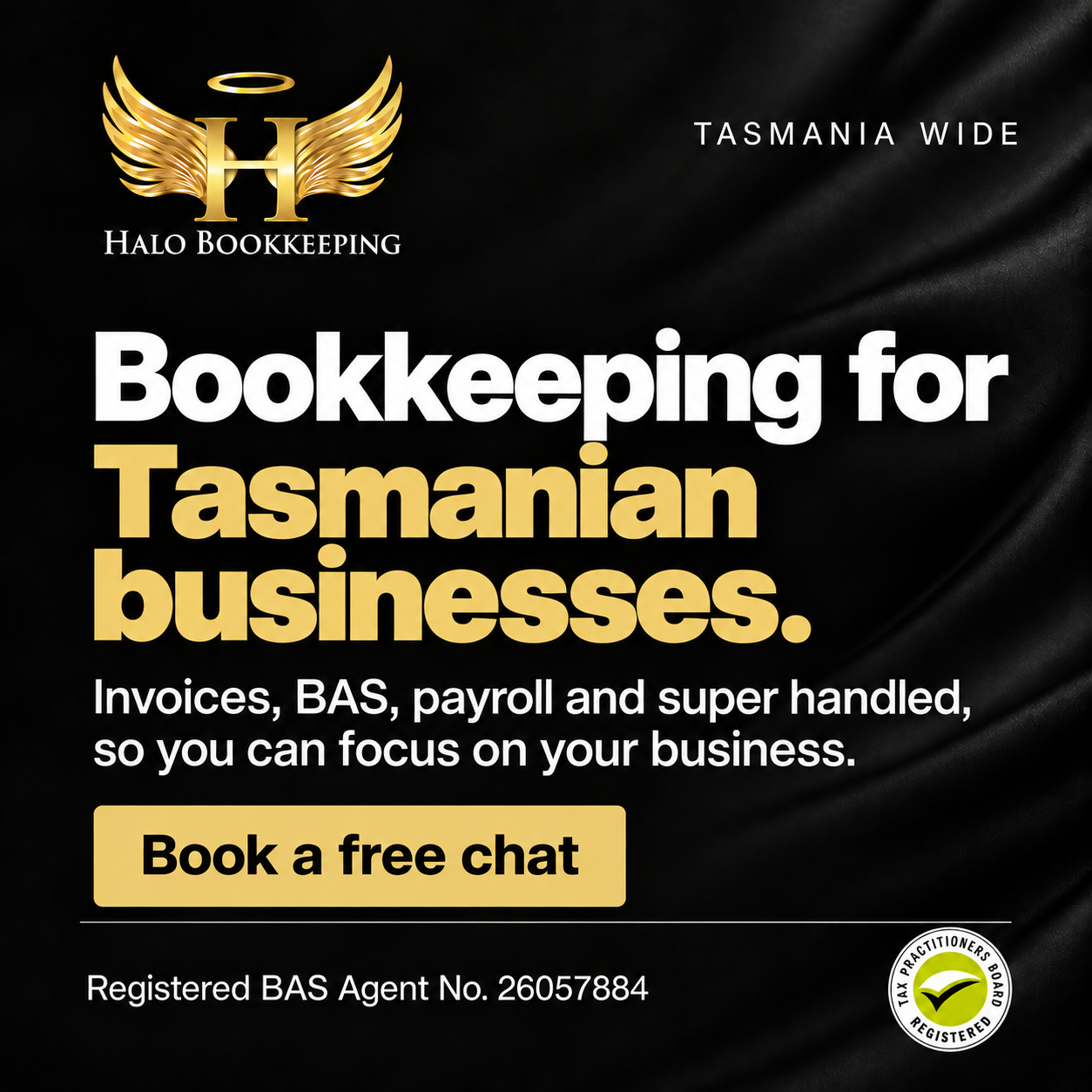 HALO Bookkeeping Facebook ad: Your Business. Our Bookkeeping.
