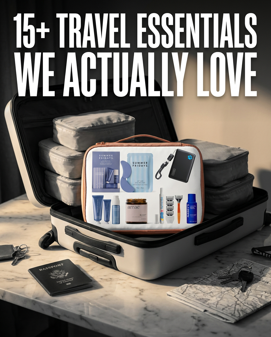 The Routine Edit Facebook ad: 15+ TRAVEL ESSENTIALS WE ACTUALLY LOVE
