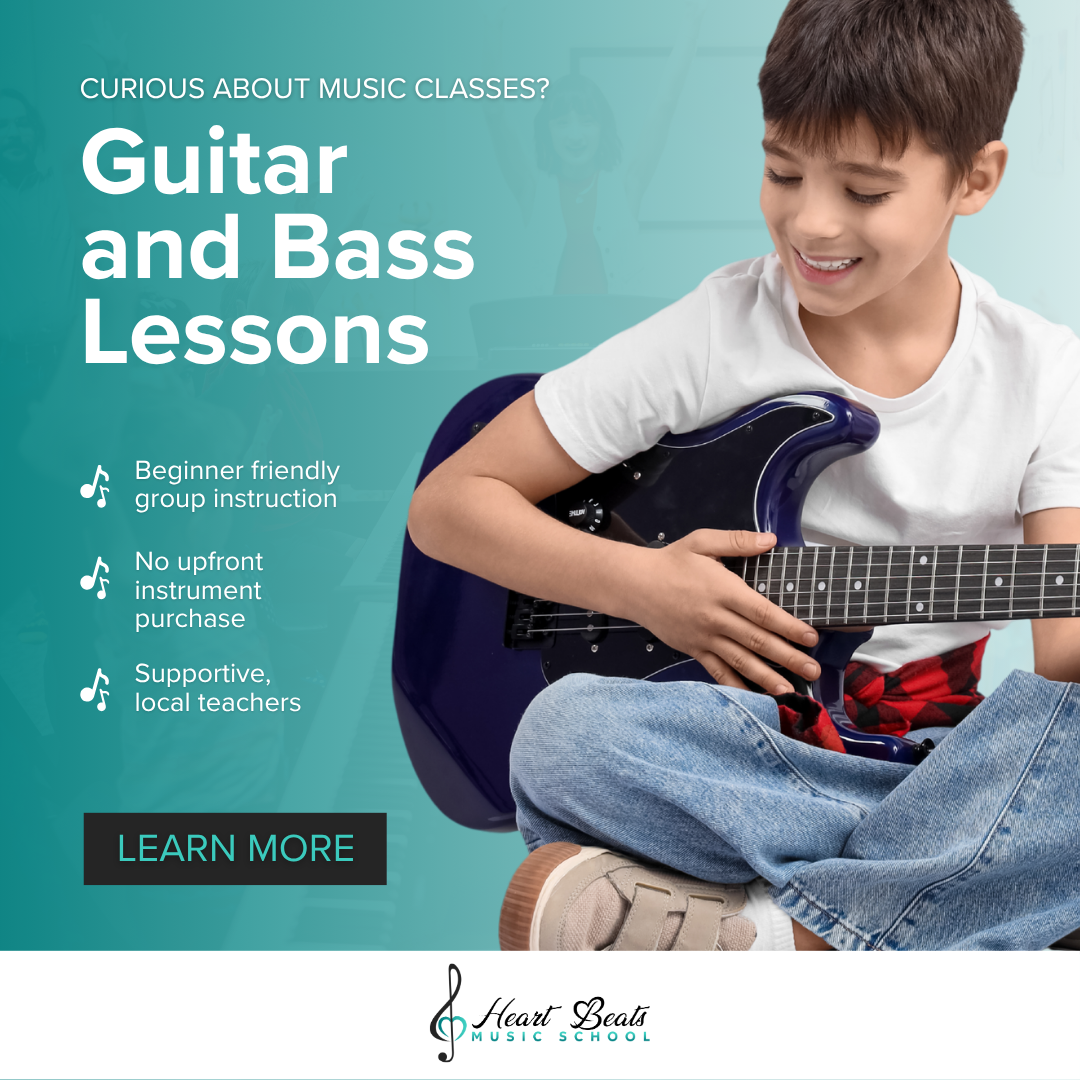 Heart Beats Music School Facebook ad: Learn Guitar or Bass