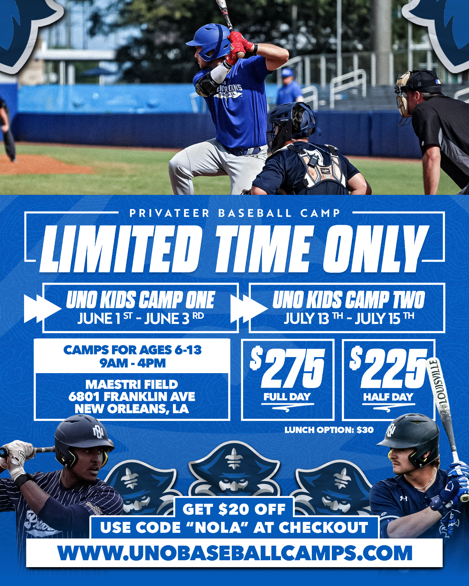 New Orleans Baseball Camps Facebook ad: Train with D1 coaches this summer