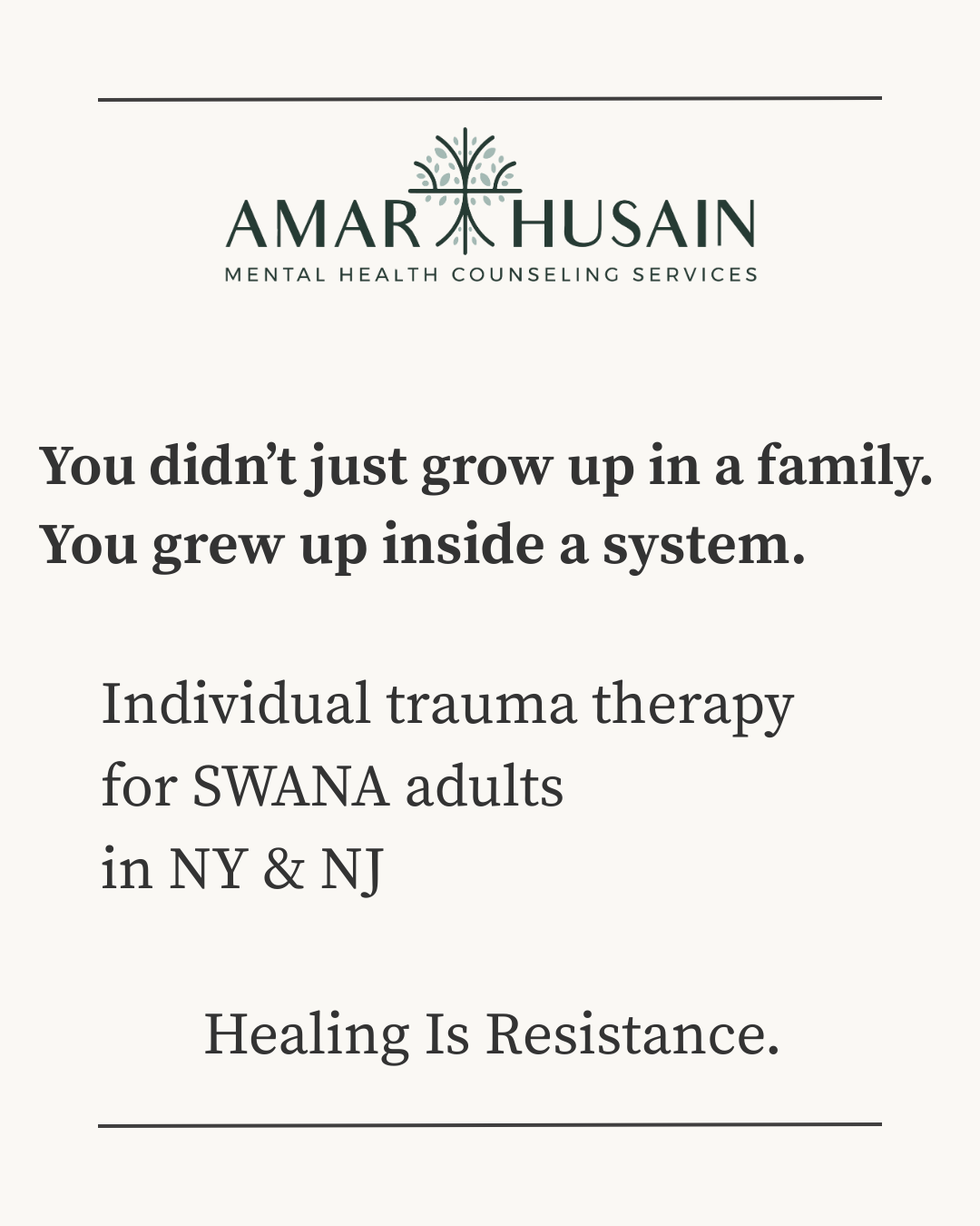 Amar Husain Counseling Services Facebook ad: You didn’t just grow up in a family.