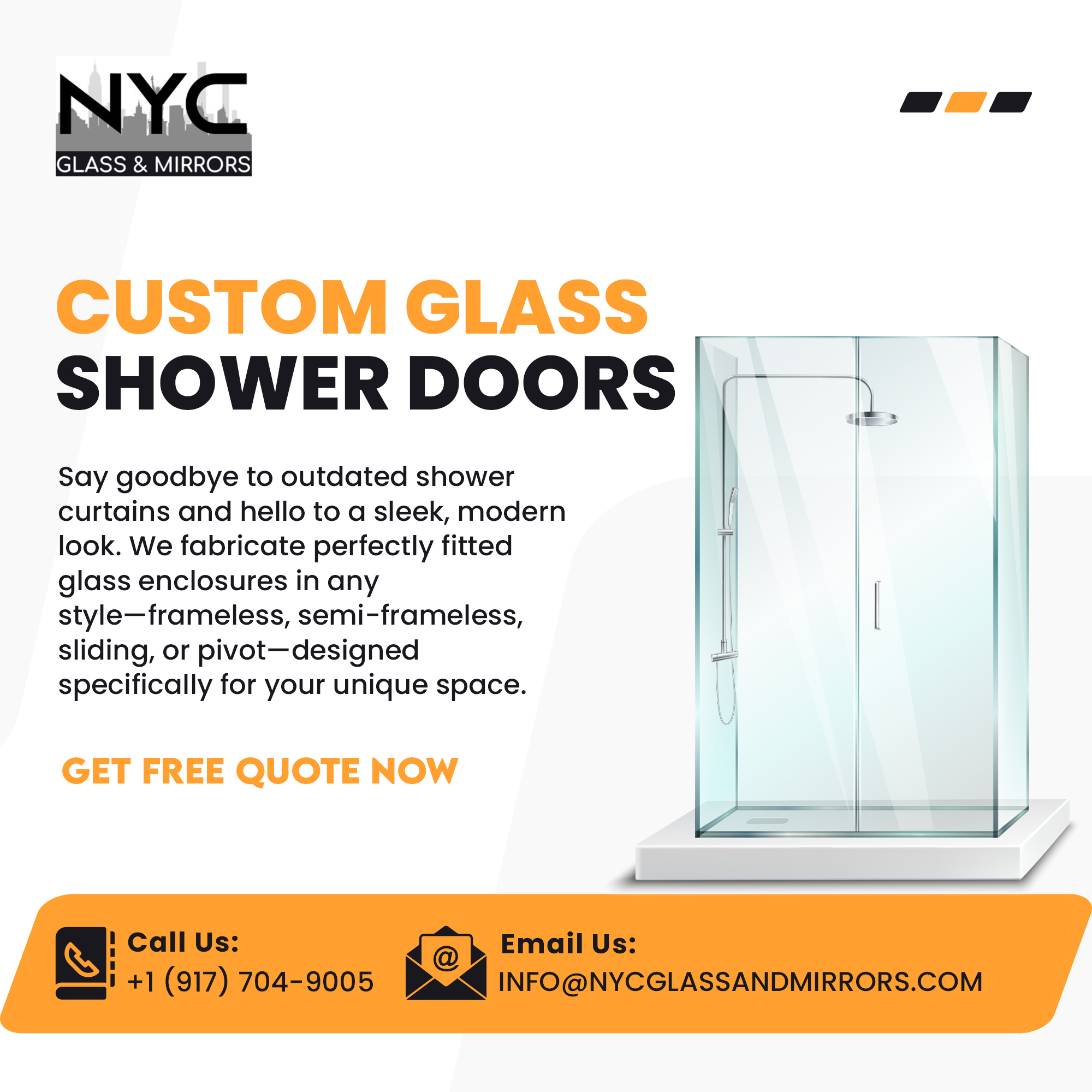 NYC Glass & Mirrors Facebook ad: Upgrade Your Bathroom with Custom Glass Shower Doors!
