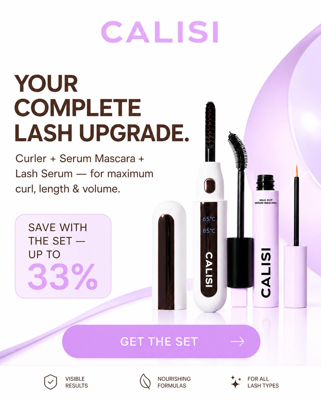 Calisi Beauty Facebook ad: WANT 33% OFF LONGER, FULLER LASHES?