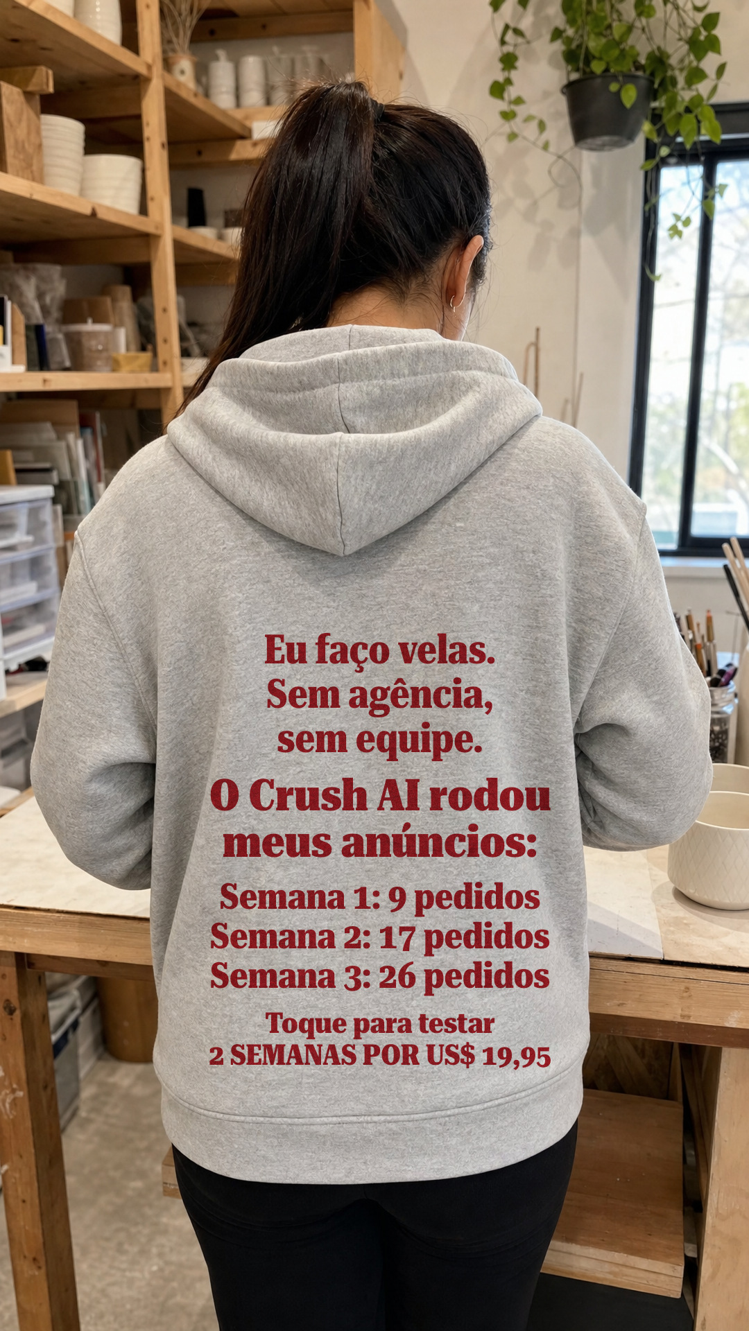 trycrush.ai Facebook ad: 9, 17, 26 pedidos por semana
