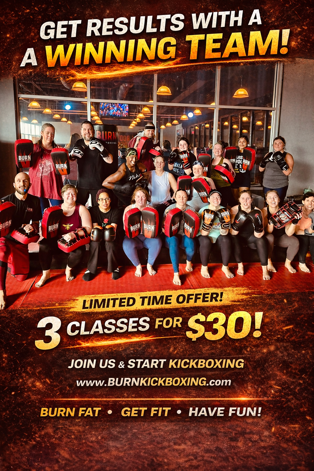 Burn Kickboxing - North Syracuse Facebook ad: Get 3 Classes for $30