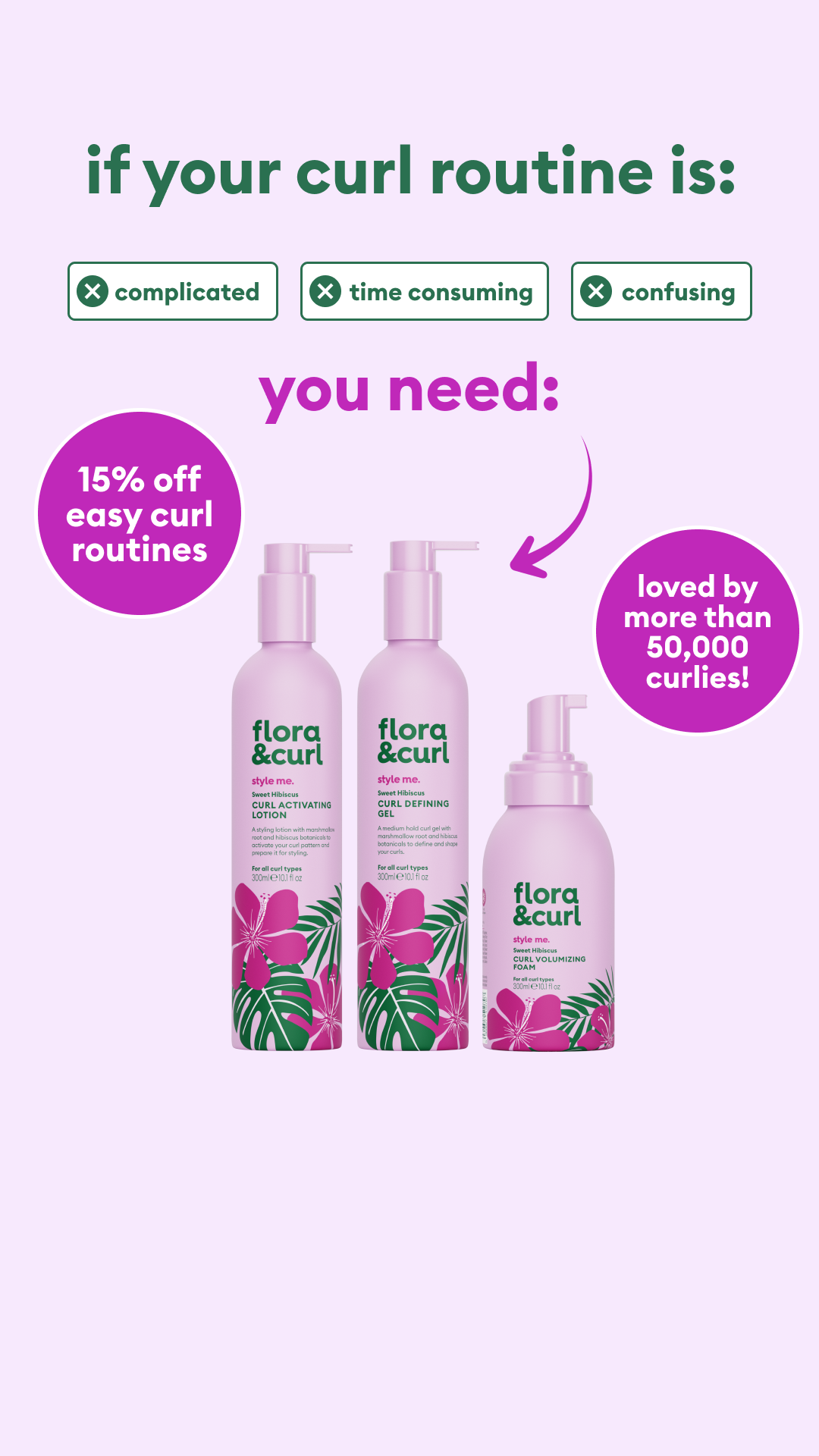 Flora & Curl Haircare Facebook ad: Your Best Curls in 3 Simple Steps