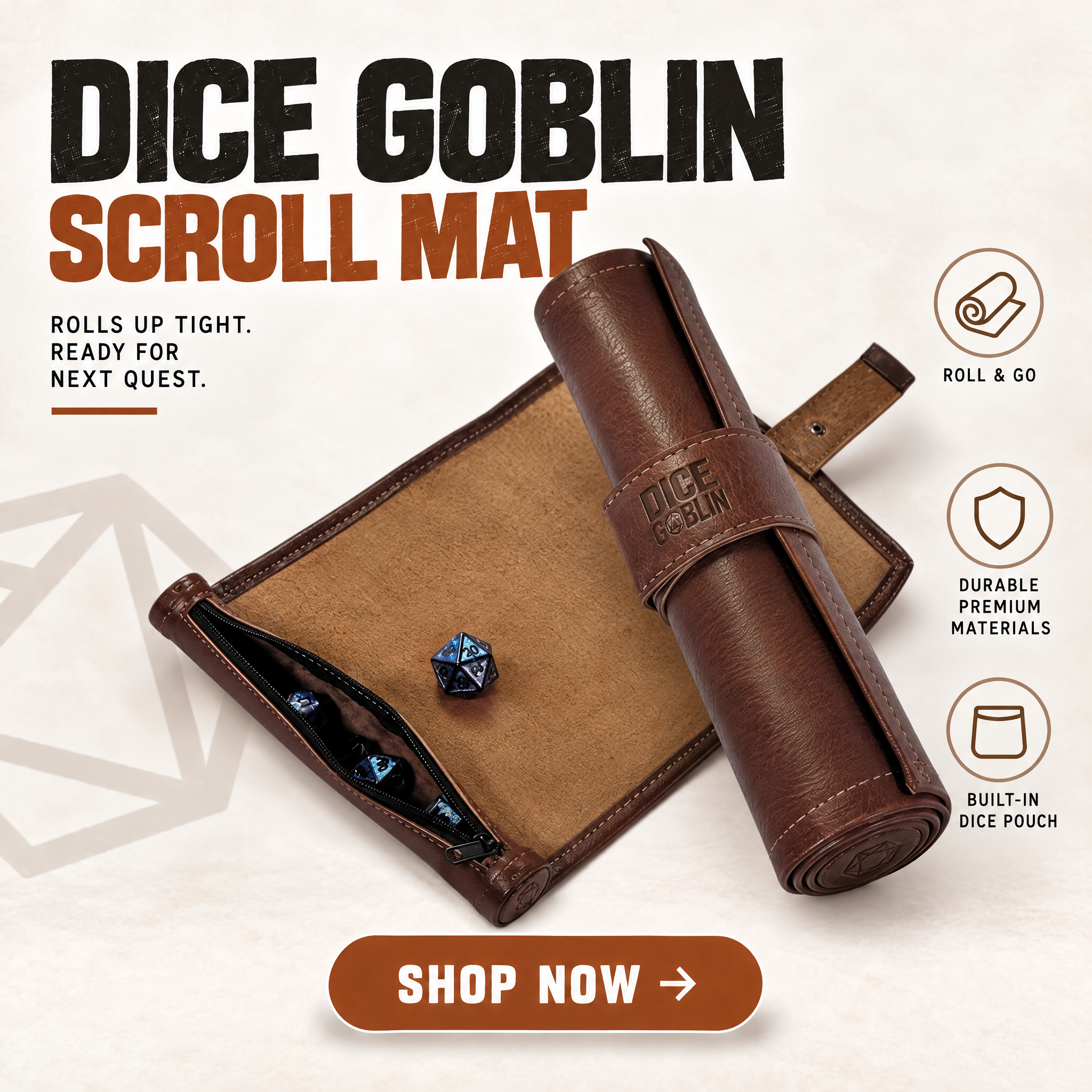 Forged Dice Company Facebook ad: Roll & Go: The Ultimate Dice Scroll Mat