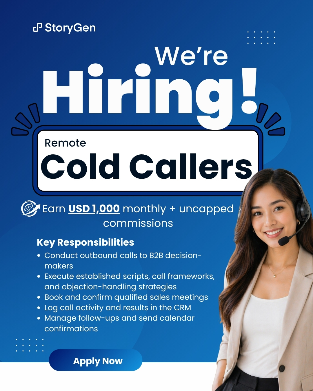 StoryGen Facebook ad: Tired of cold calling jobs with low pay and no real growth?