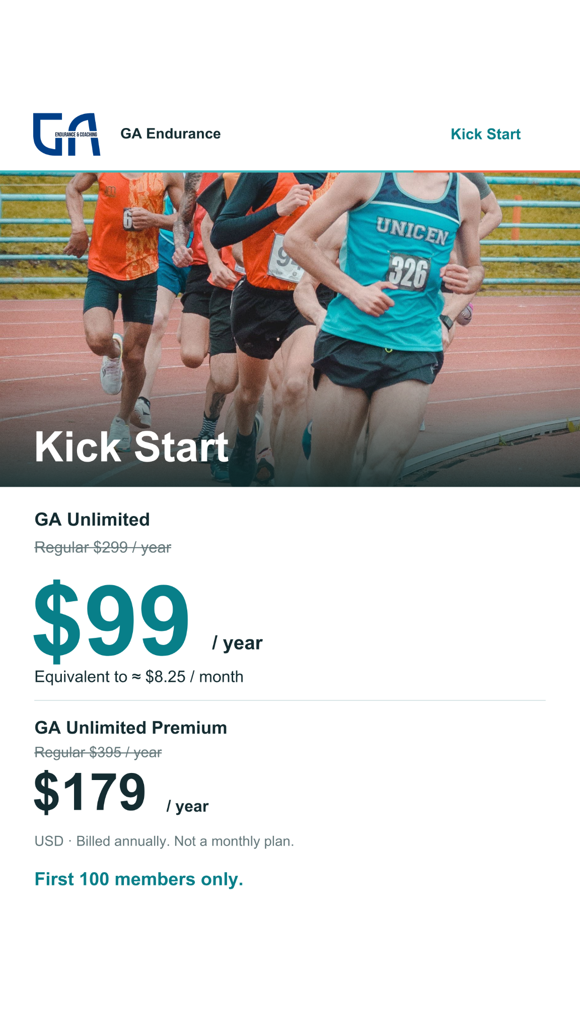 GA Endurance Coaching Facebook ad: Kick Start: $99/Year