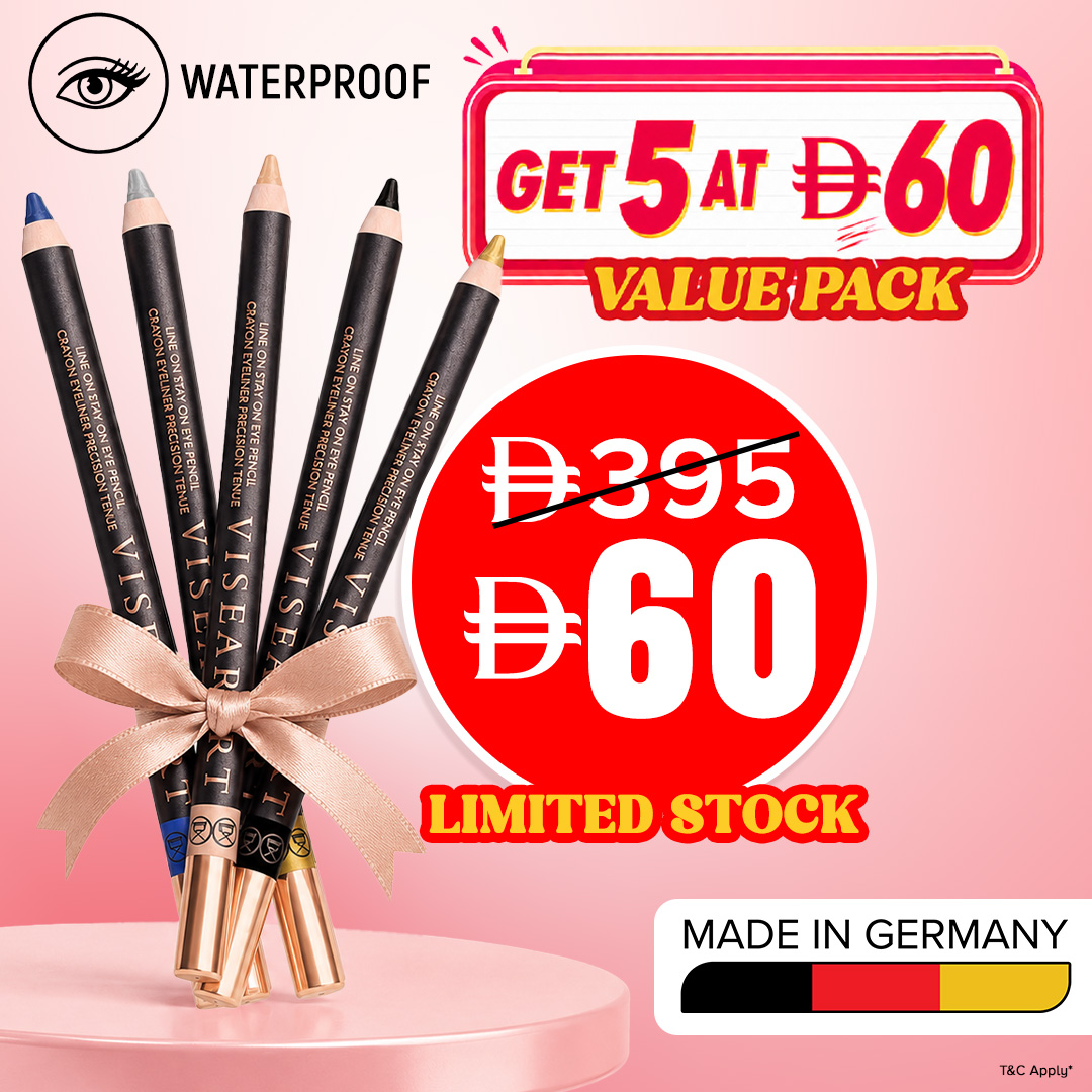 Viseartmiddleeast Facebook ad: 5 Waterproof Eye Pencils. Just 60 AED.