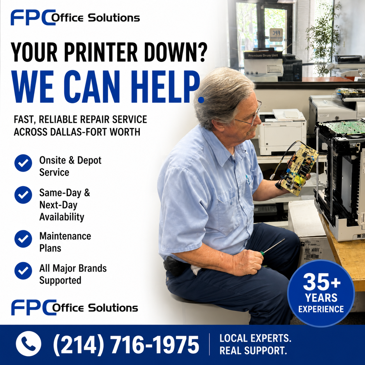 FPC Office Solutions Facebook ad: Fast onsite printer repairs across Dallas-Fort Worth.