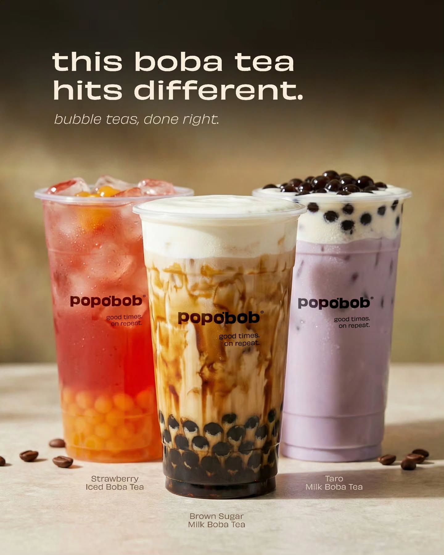Pop O'Bob - Bubble Tea Café Facebook ad: From Strawberry Iced to our iconic Brown Sugar…