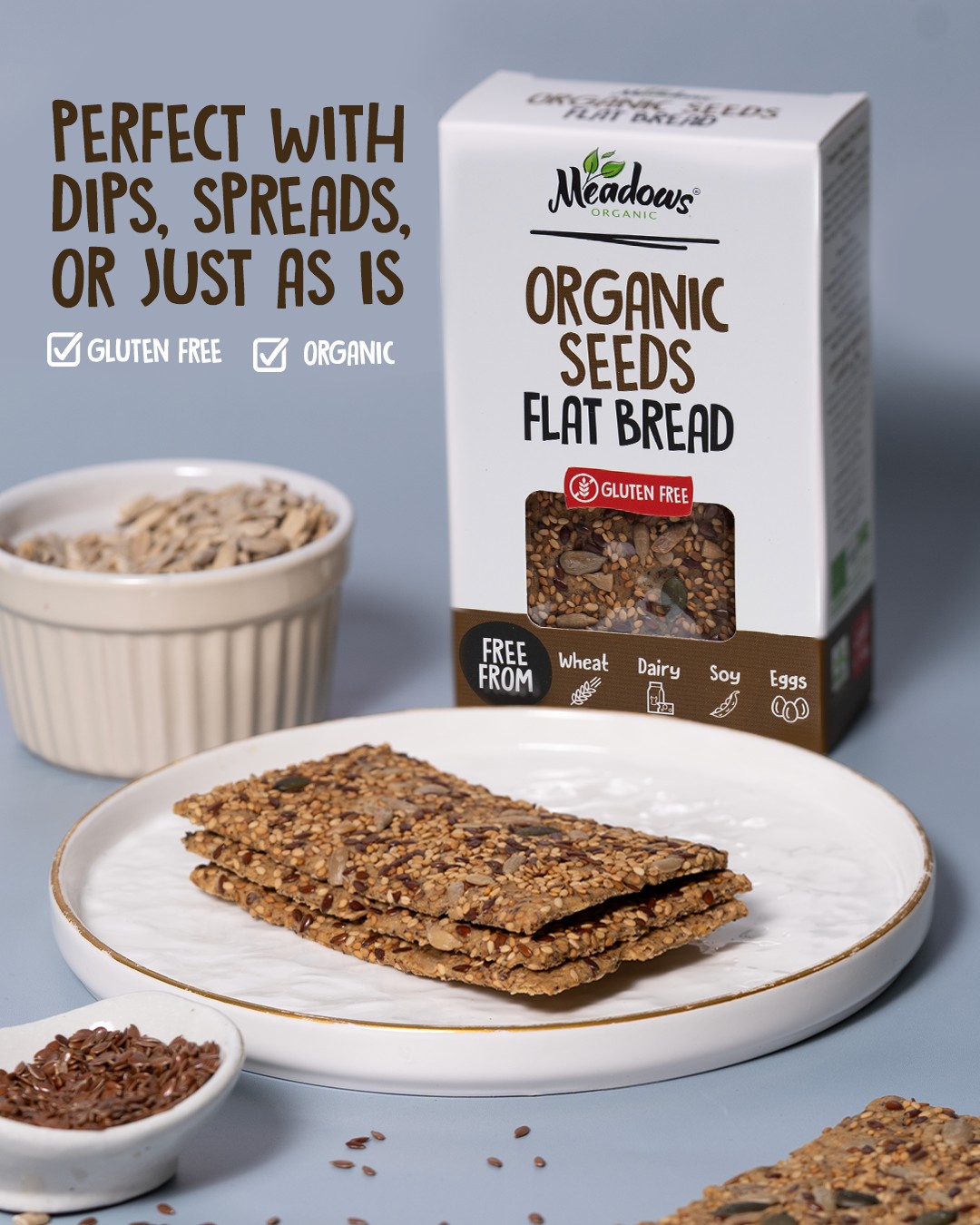 Meadows Organic Facebook ad: Organic Gluten Free Seeds Flat Bread