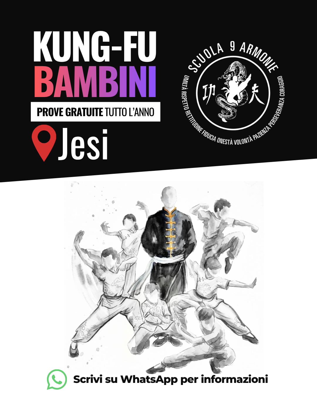 Scuola 9 Armonie Facebook ad: Corsi Kung-Fu Bambini a Jesi