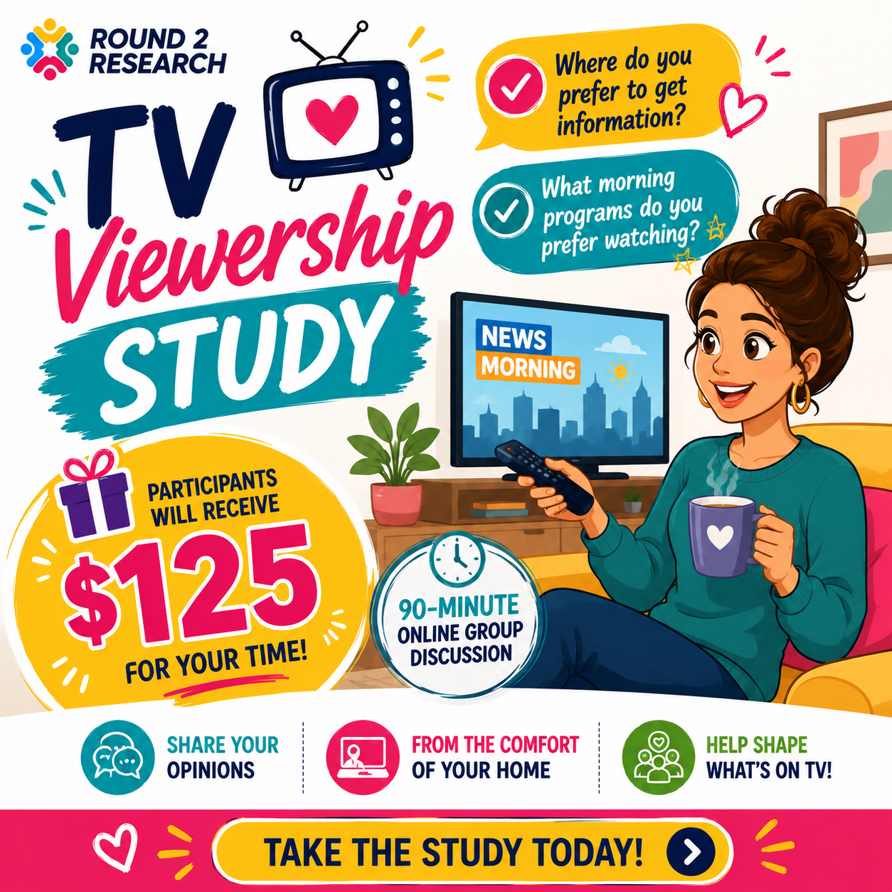 Round2Research Facebook ad: TV Viewership Study - $125 Reward