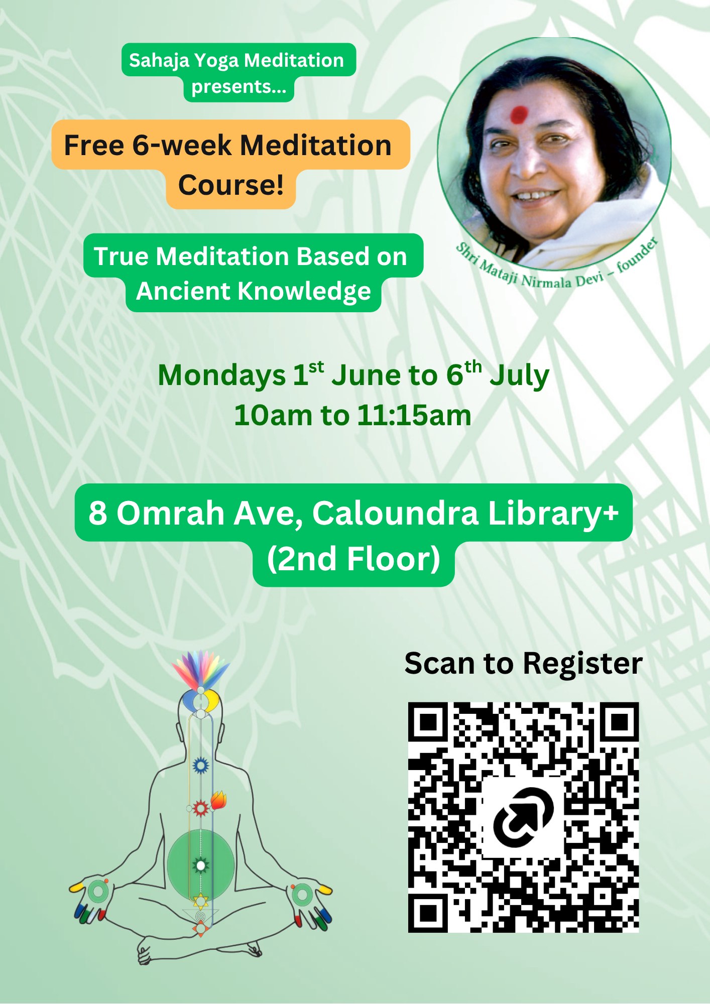 Sahaja Yoga Meditation Queensland Facebook ad: Registration for 6-week Meditation Course Caloundra Library
