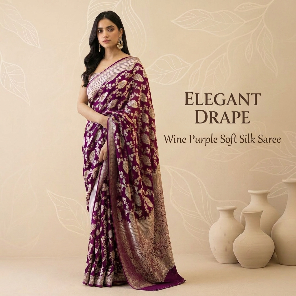 The Vulture Saree Ethnics Facebook ad: Buy Wine Purple Soft Silk Saree with Unstitched Blouse!