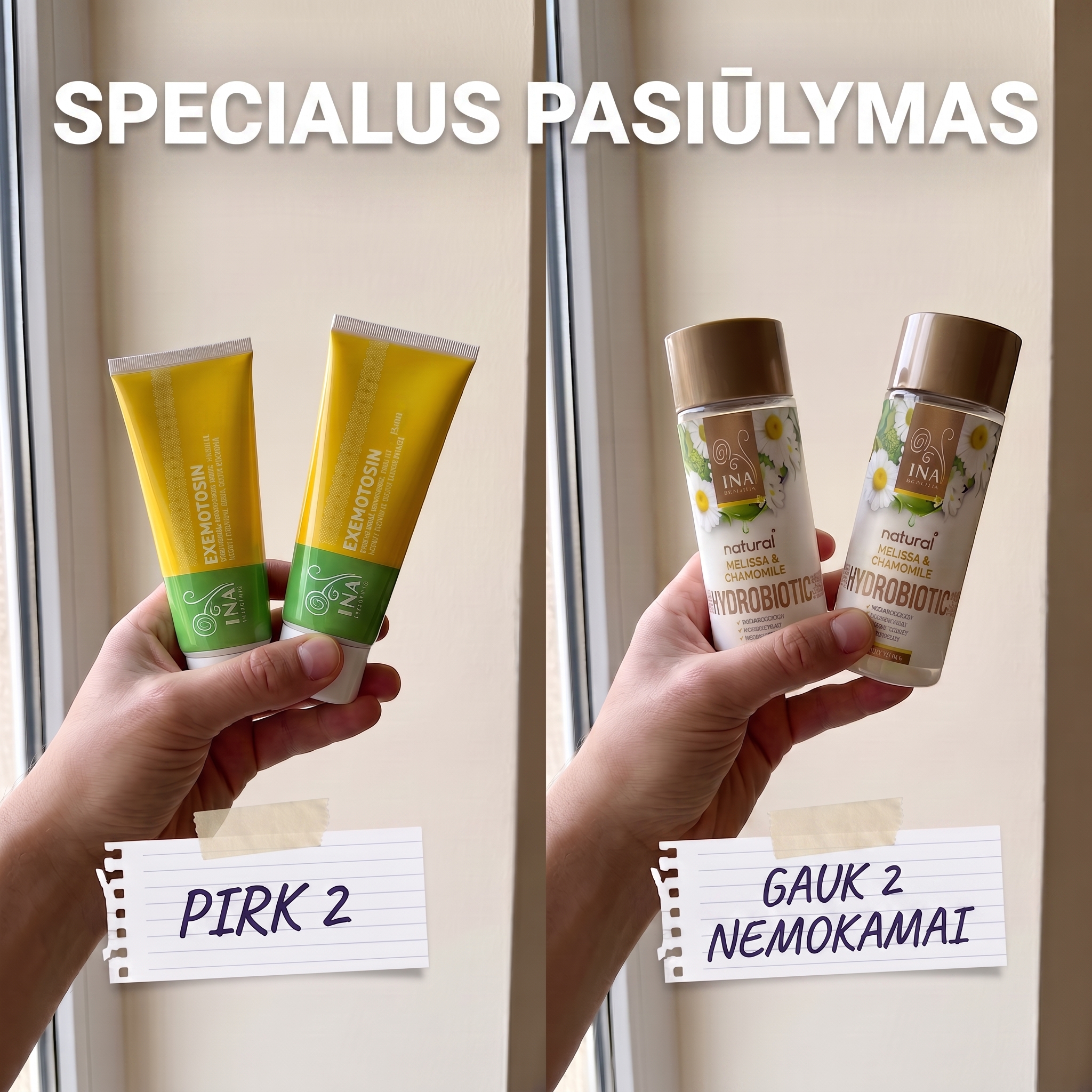 Šeimos Organinė Kosmetika - InaEssentials.lt Facebook ad: Perki 2 Exemotosin kremus, 2 gauni dovanų