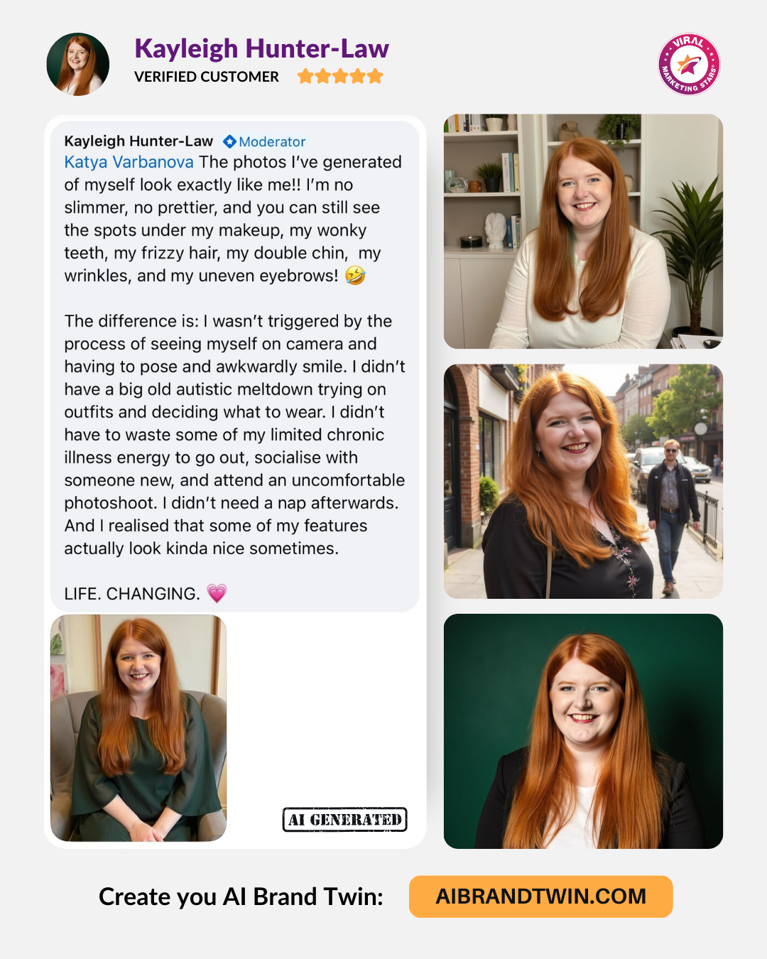 Katya Varbanova Facebook ad: Your face + AI + Brand psychology = more visibility & $$$