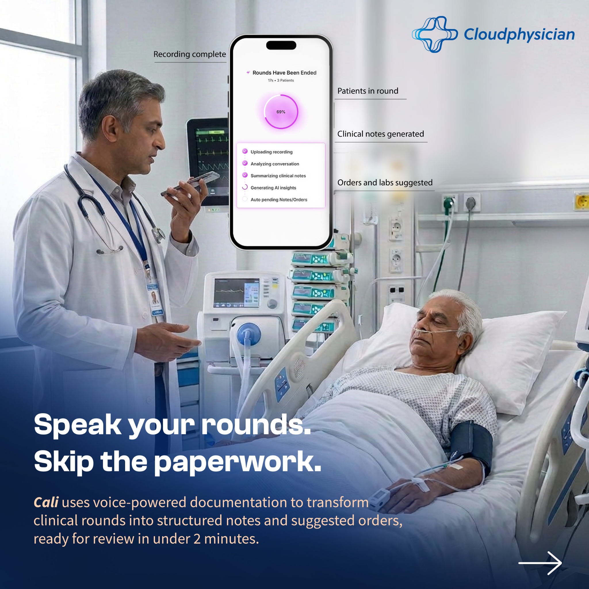 Cloudphysician Facebook ad: ICU teams juggle paperwork, coordination, and critical…