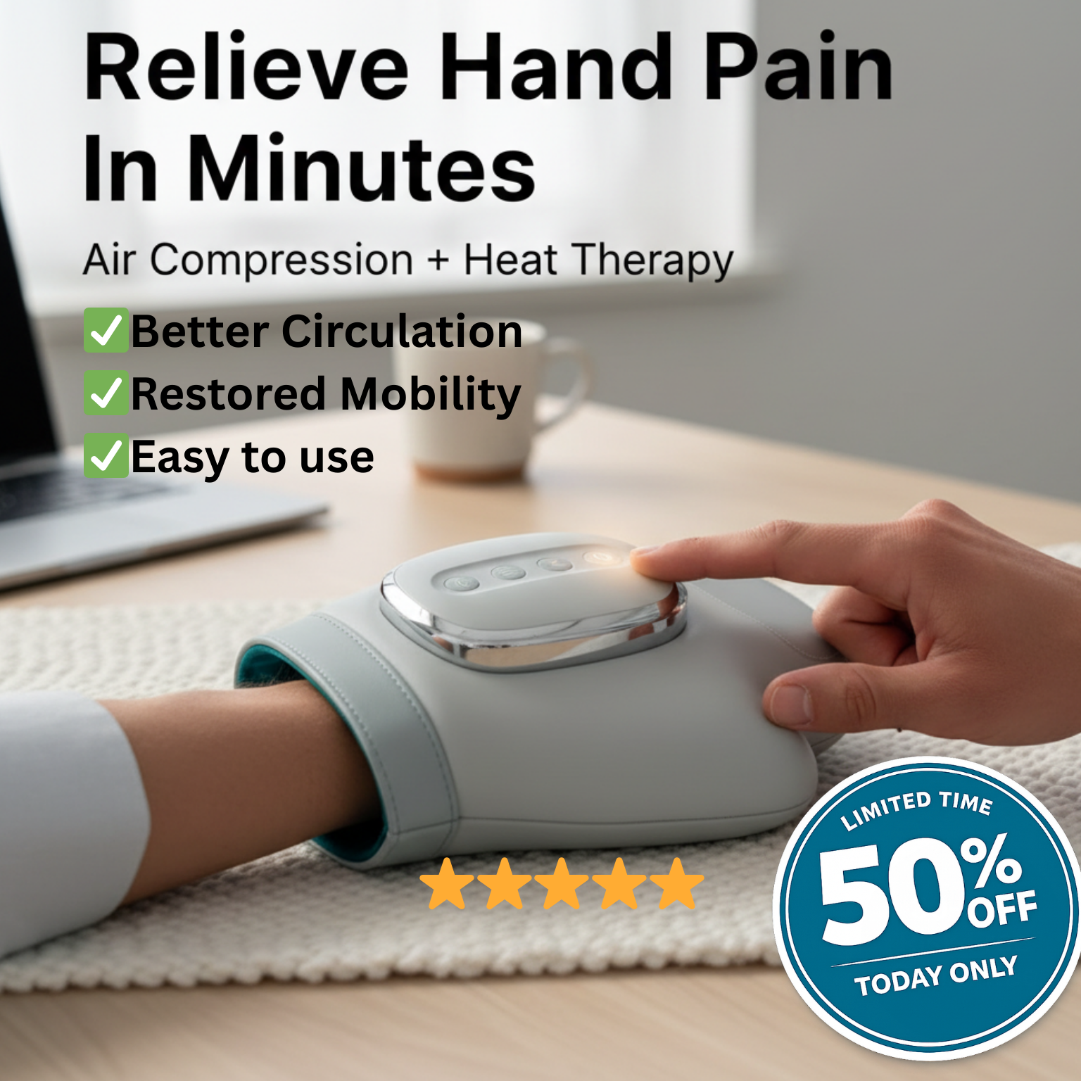 PulseRelif Facebook ad: 50% OFF Best-Selling Hand Massager
