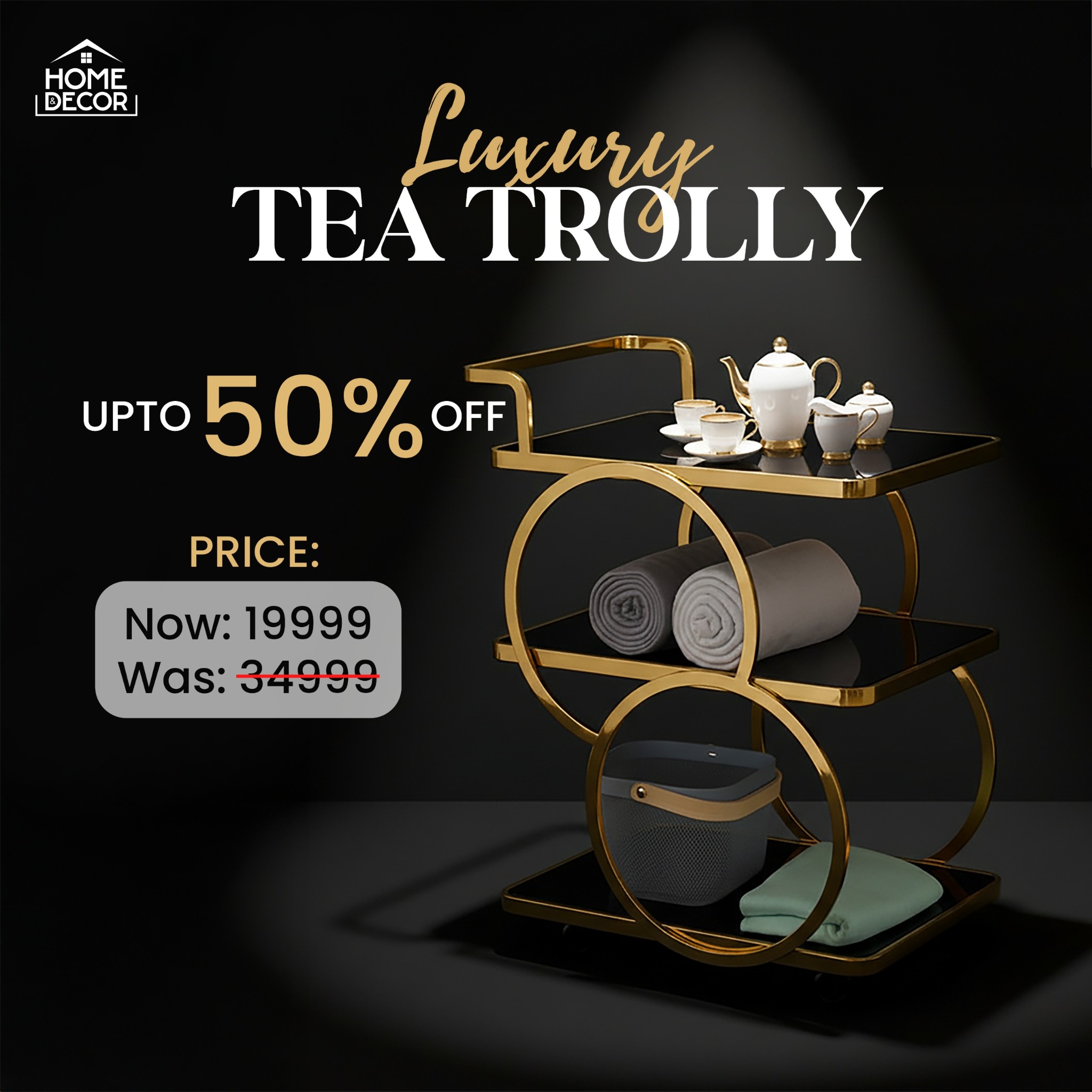 Home and Decor Facebook ad: Luxury Tea Trolley Now Up to 50% Off