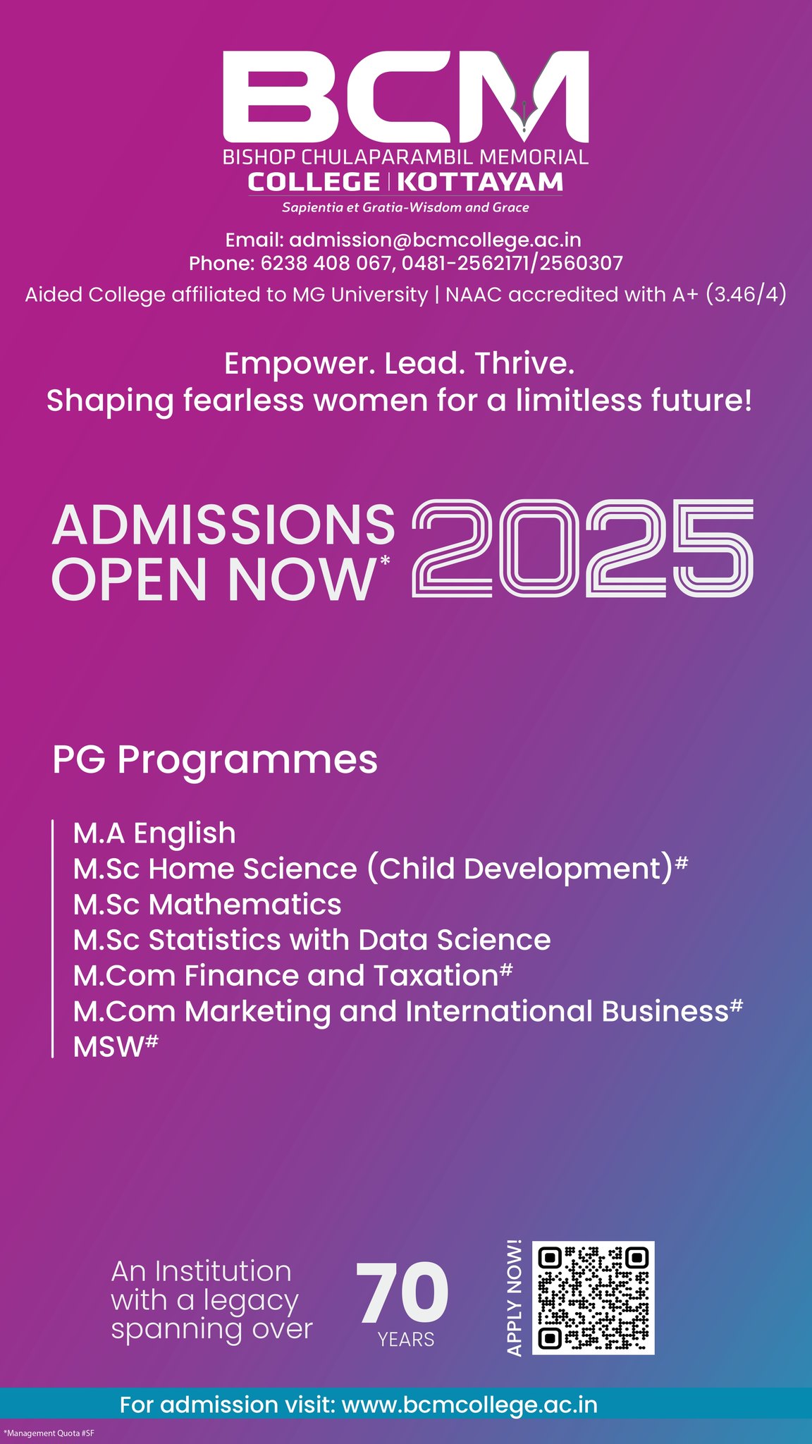 BCM College Kottayam Facebook ad: Post Graduate Programmes offered by BCM College