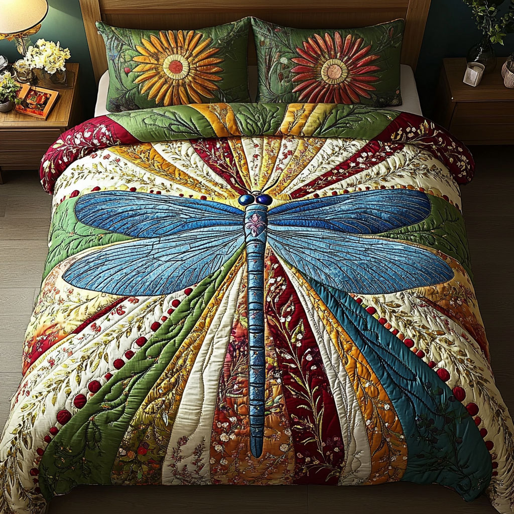 Vantique Quilts & Artistry Facebook ad: Golden Dragonfly 3-Piece Quilted Bedding Set NCU0DK3646