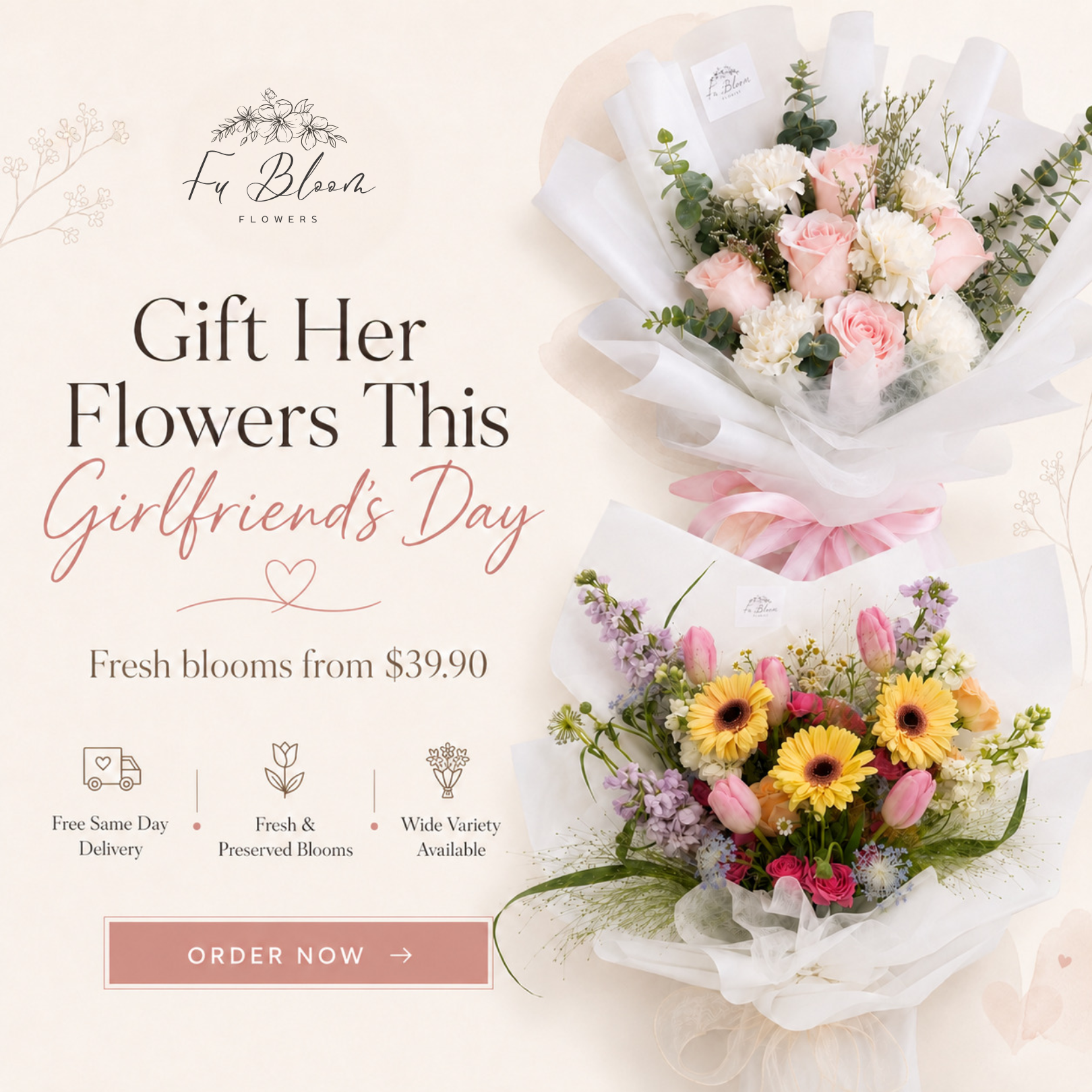 Fu Bloom Flowers Facebook ad: Free Same Day Delivery