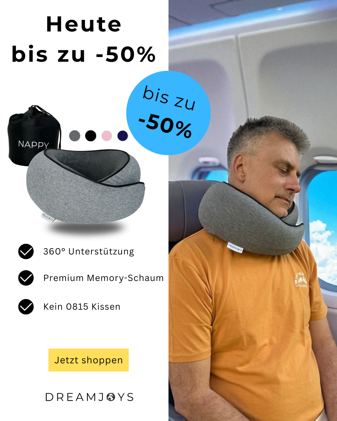 Dreamjoys Facebook ad: Endlich entspannt fliegen, ohne Nacken