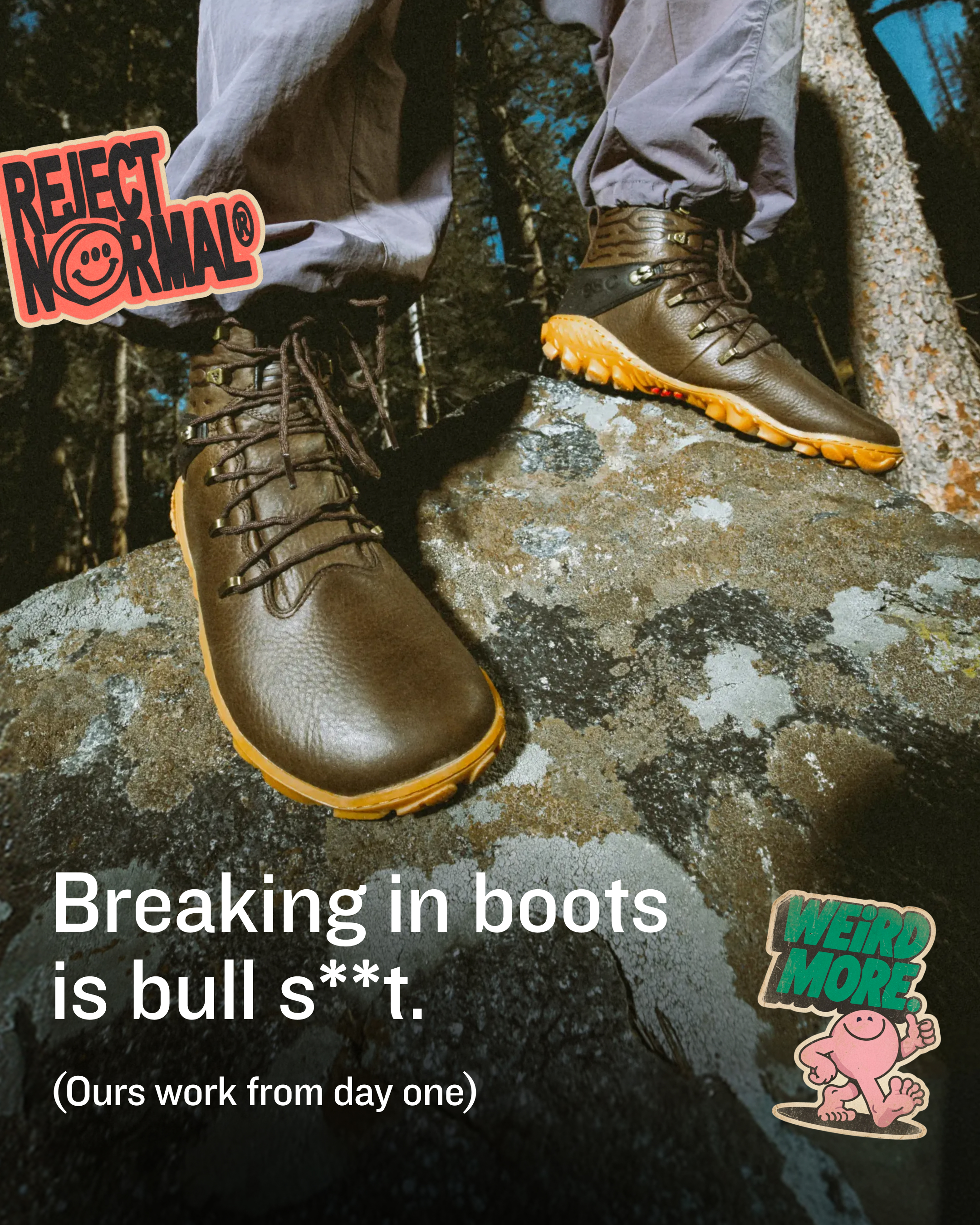 Vivobarefoot Facebook ad: Reject normal. Weird more.