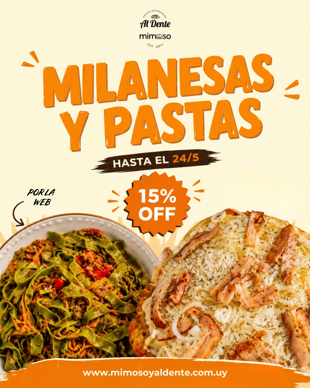 Mimoso y Al Dente Pastas Facebook ad: 15% OFF comprando por la web