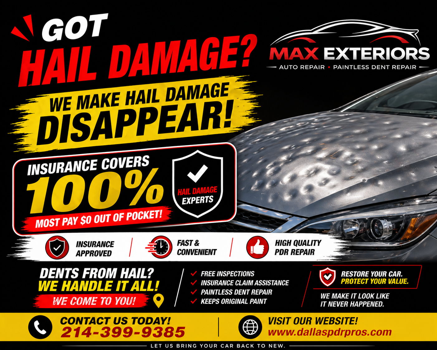 Max Exteriors DFW Paintless Dent Repair Facebook ad from Apr 29, 2026