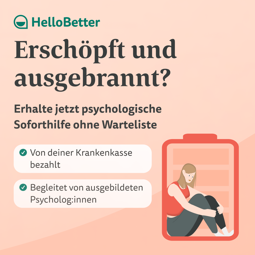 HelloBetter Facebook ad: Fühlst du dich gestresst, überlastet und erschöpft?