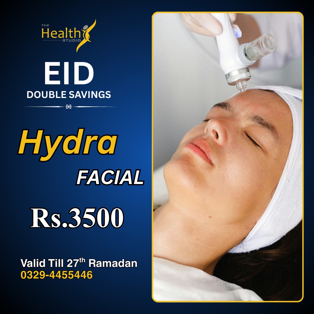 The Health Studio Faisalabad Facebook ad: Eid Glow Sale, 50% OFF on Hydra Facial