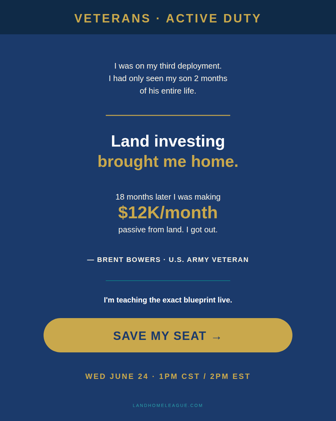Land Home League Facebook ad: >>Secure Your Spot Now<<