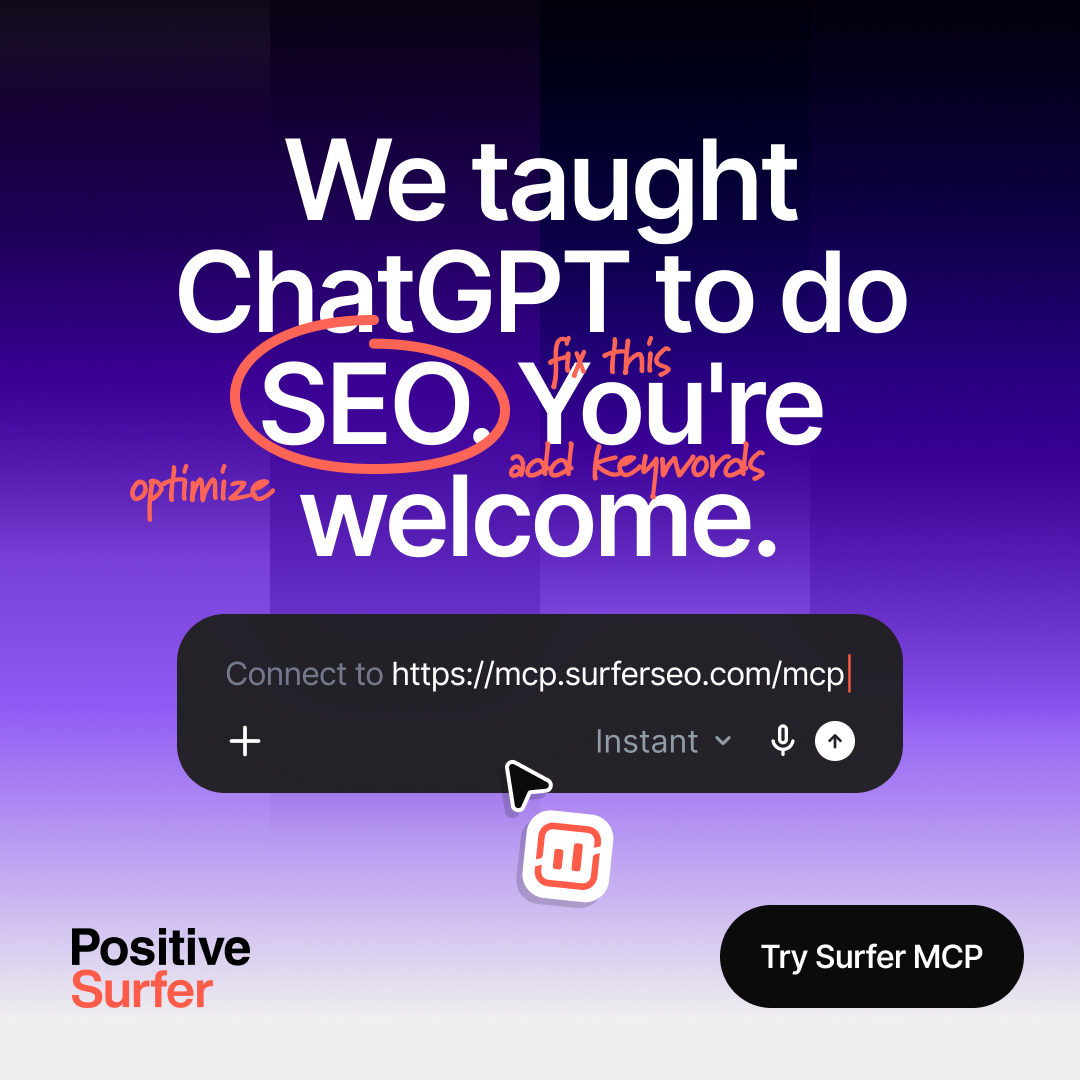 Positive Surfer Facebook ad: Surfer MCP: Connect Surfer to Your AI Agent