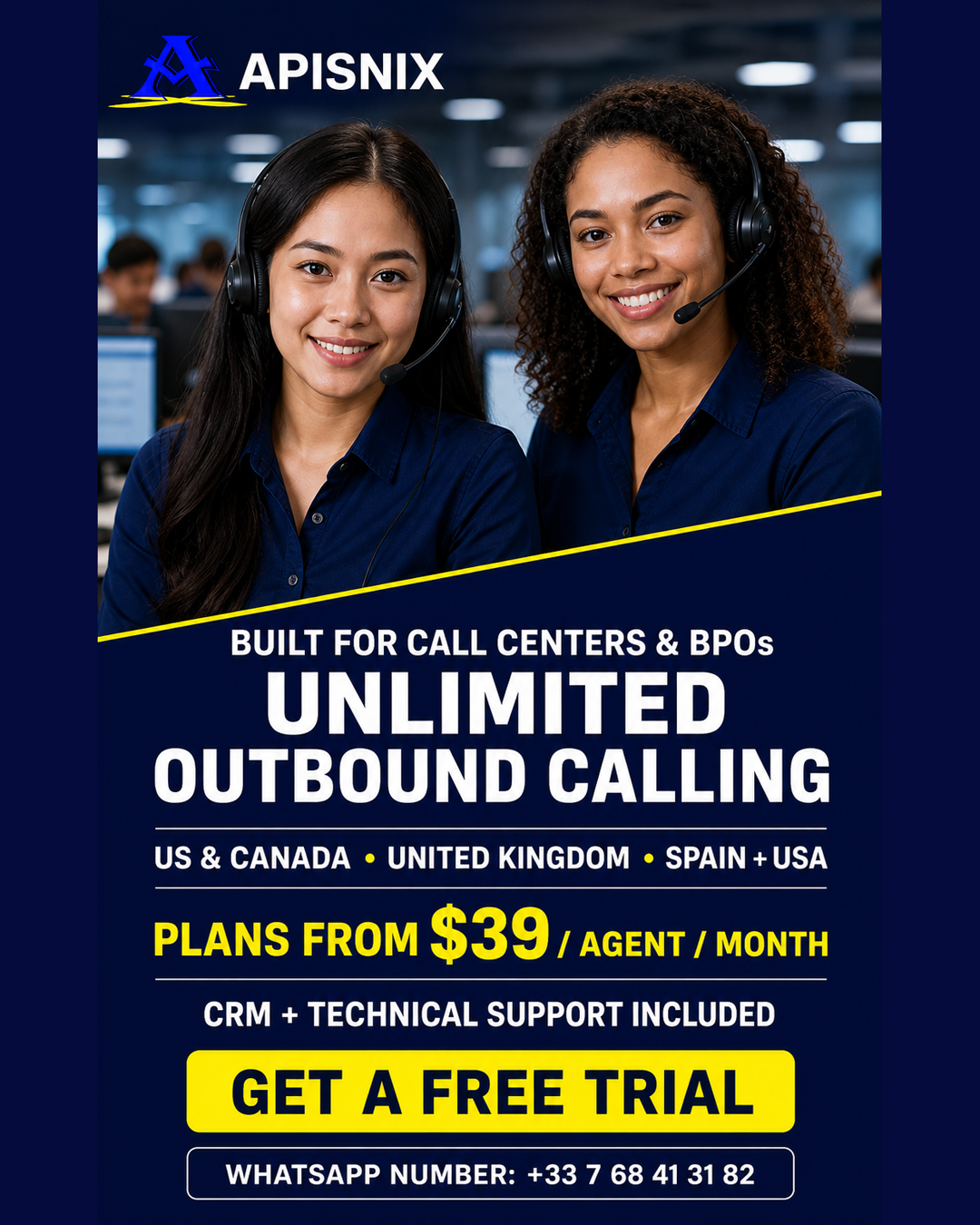 Apisnix Facebook ad: Unlimited calling plans from $39/agent