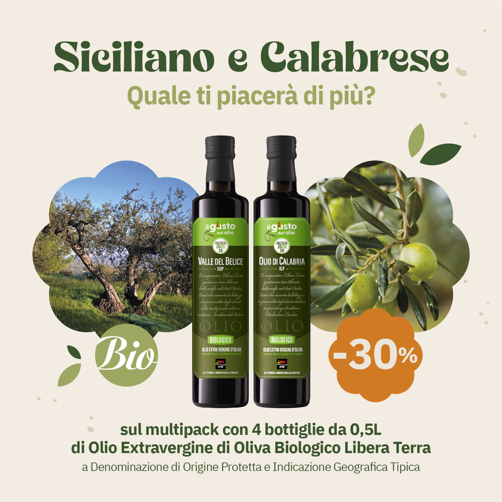Libera Terra Facebook ad: Approfitta del 30% di sconto sugli olii DOP e IGP