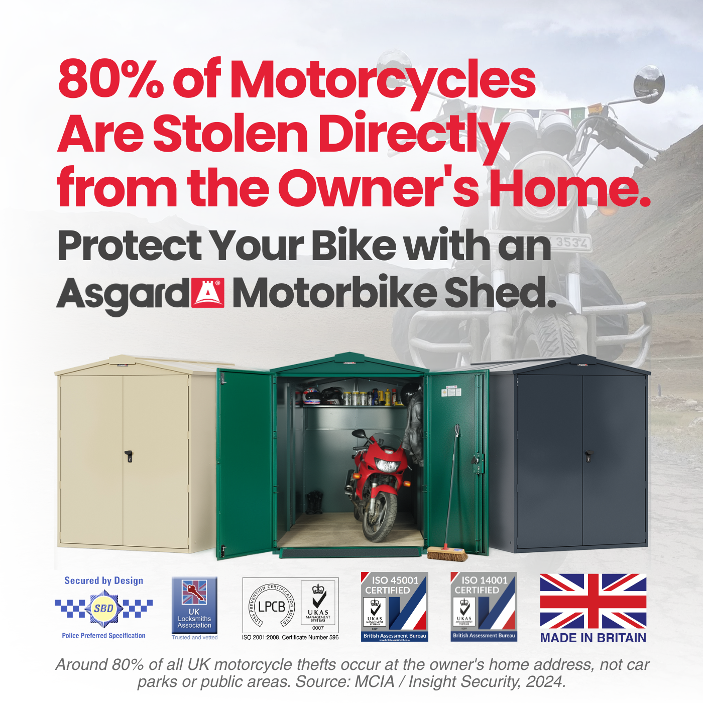 Asgard Storage Facebook ad: Motorcycle Storage Sheds, Secure Metal Motorbike Garages…