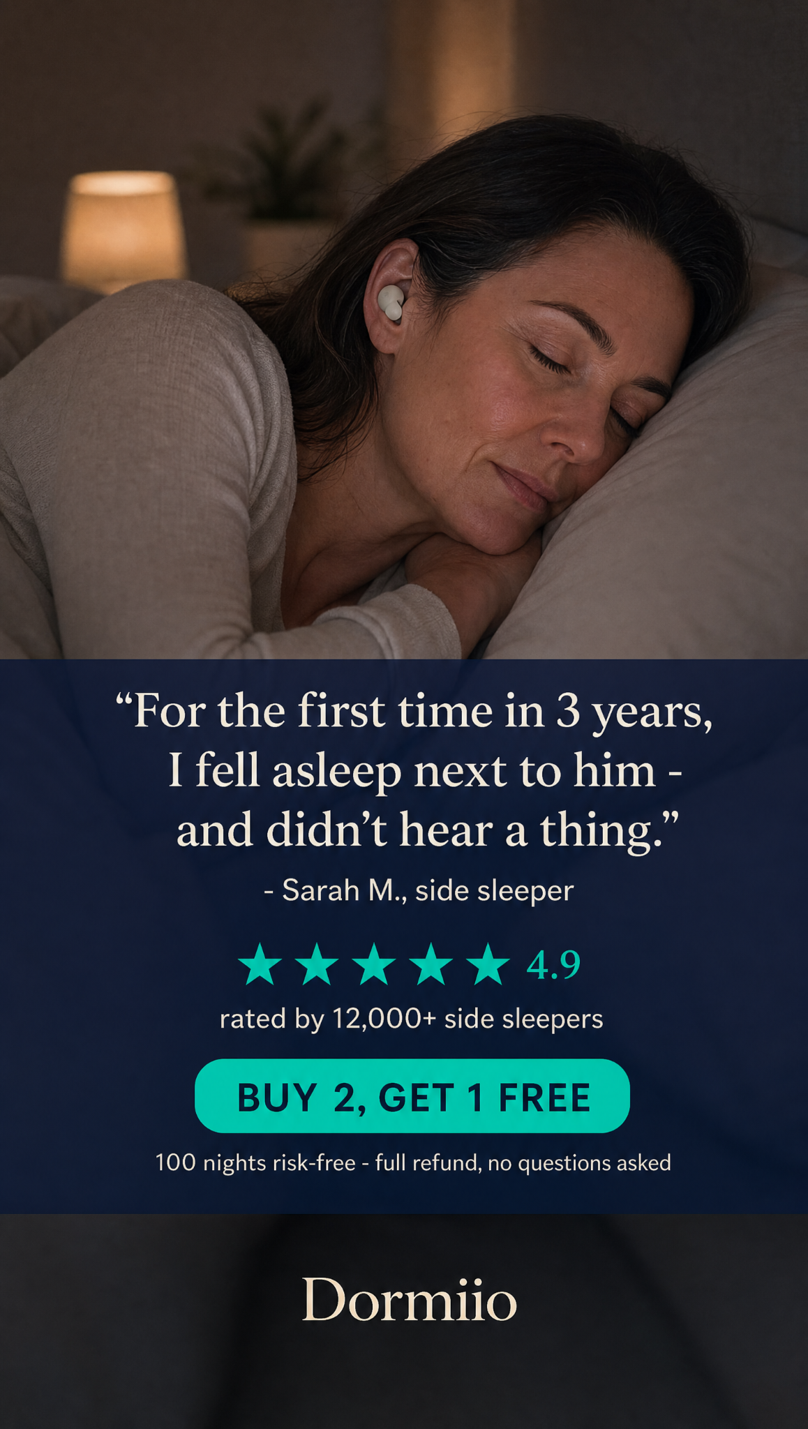 Dormiio Facebook ad: Sleep Through His Snoring, 33% Off