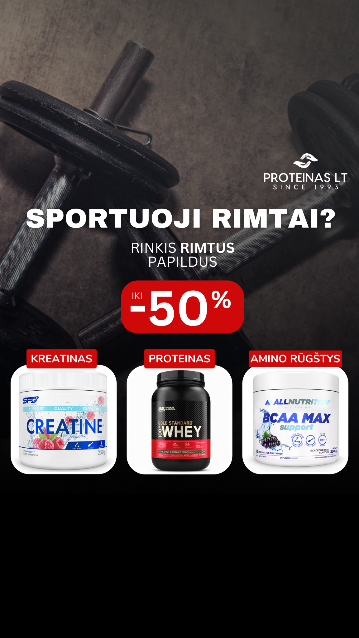 Proteinas.lt maisto papildai Facebook ad: Nuolaidos iki -50%!