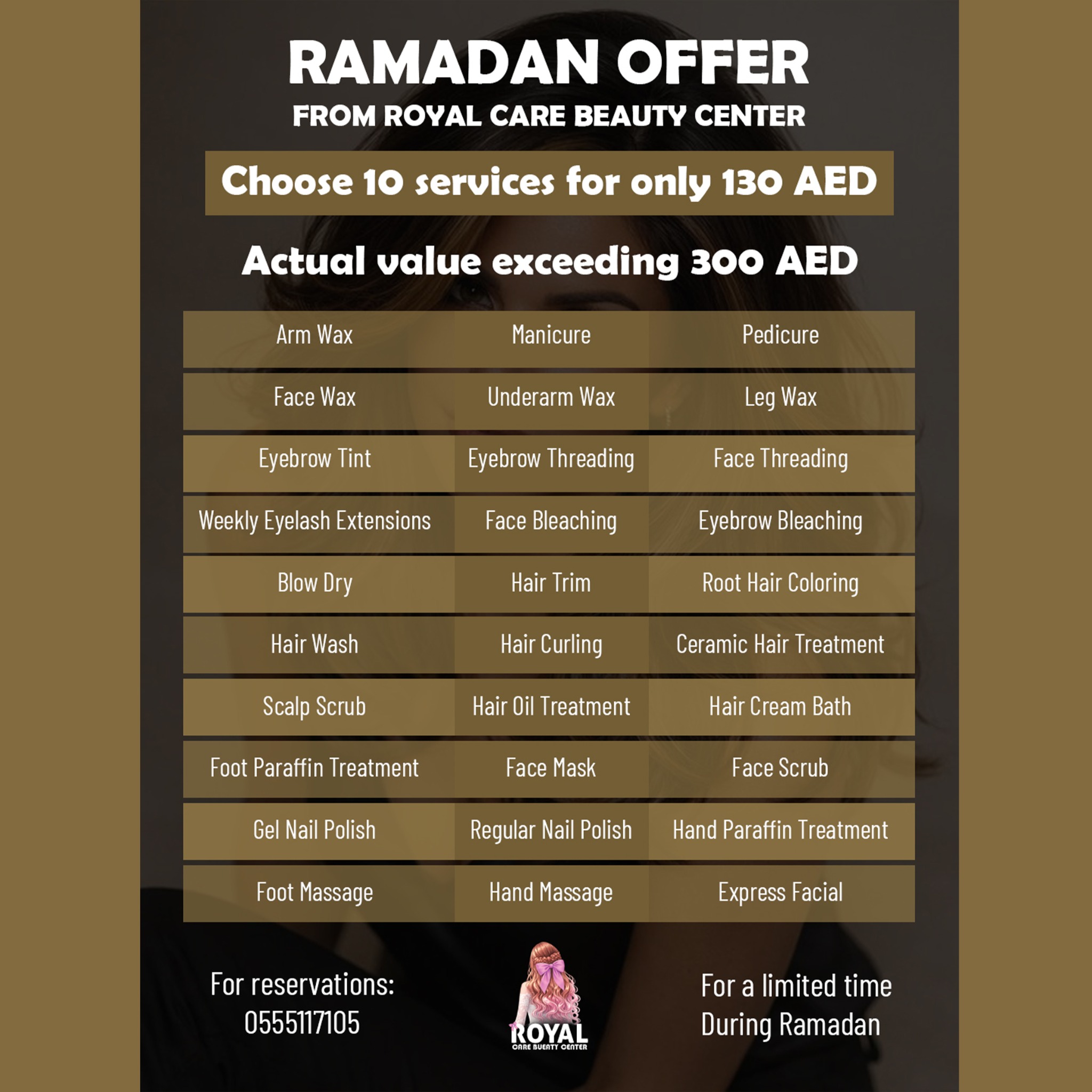 Royal Care Beauty Center Facebook ad: 10 خدمات بـ130 درهم فقط!