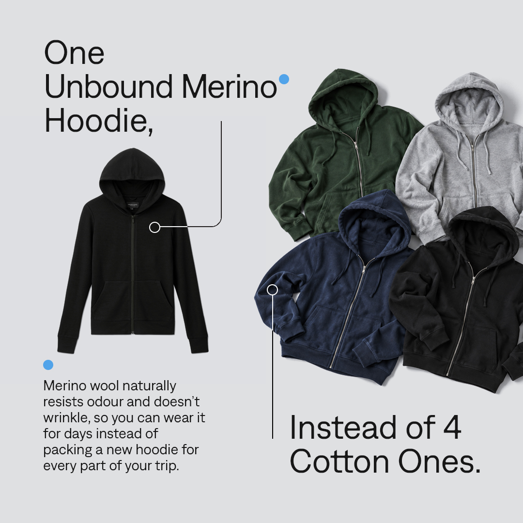 Unbound Merino Facebook ad: Pack One. Go Everywhere.