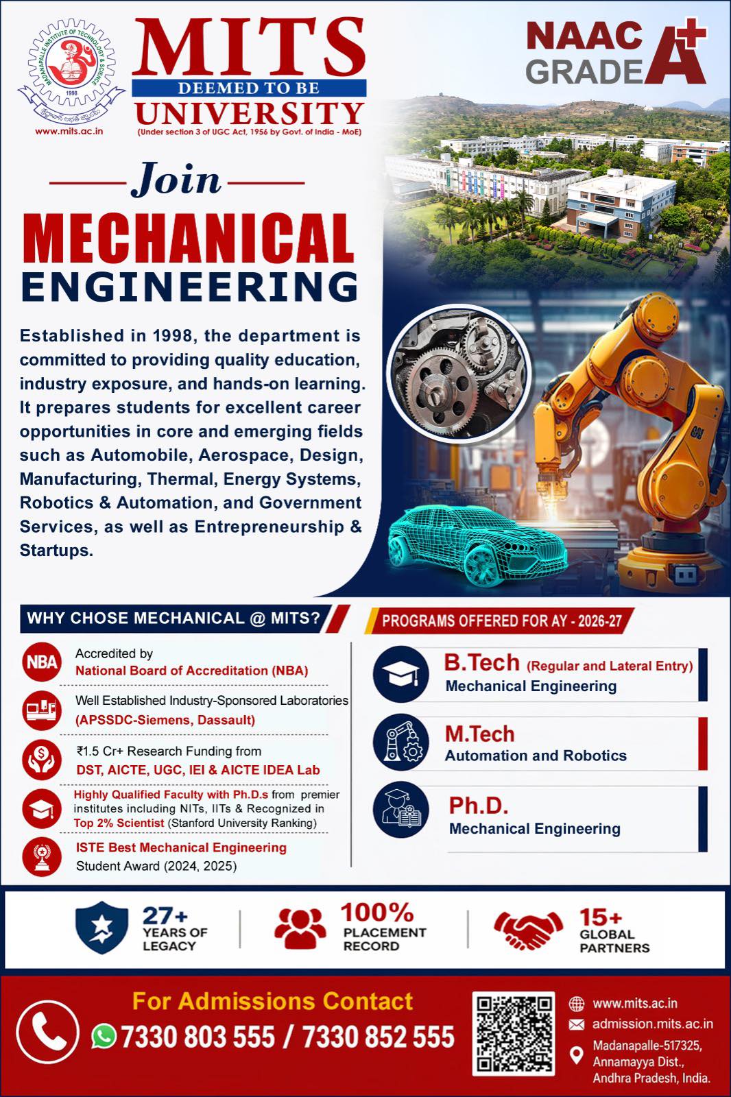 Madanapalle Institute of Technology & Science Facebook ad: Build the Future with Mechanical Engineering @ MITS…