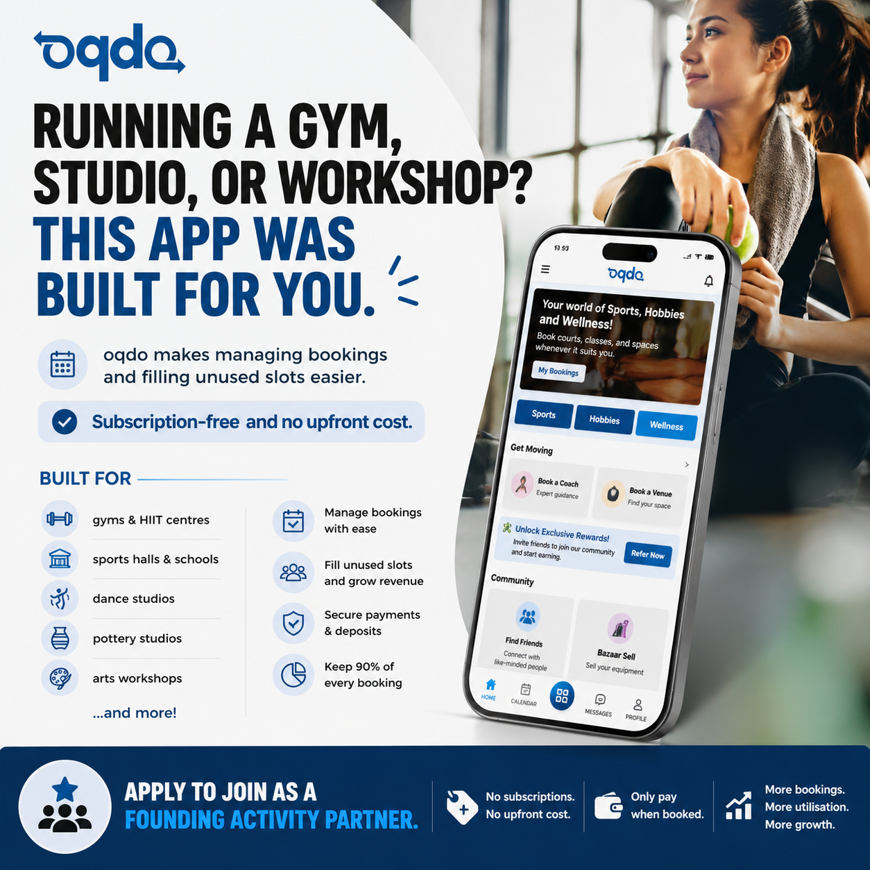Oqdo Facebook ad: Free Booking Platform for Boutique Studios, Gyms, Workshops