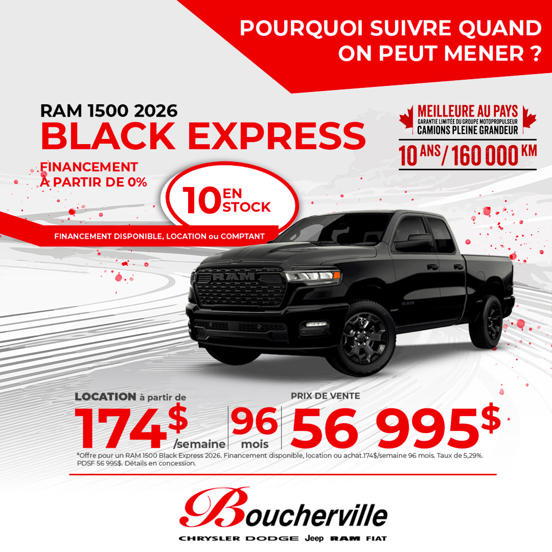 Boucherville Chrysler Dodge Jeep Ram Fiat Facebook ad: RAM 1500 Black Express 2026