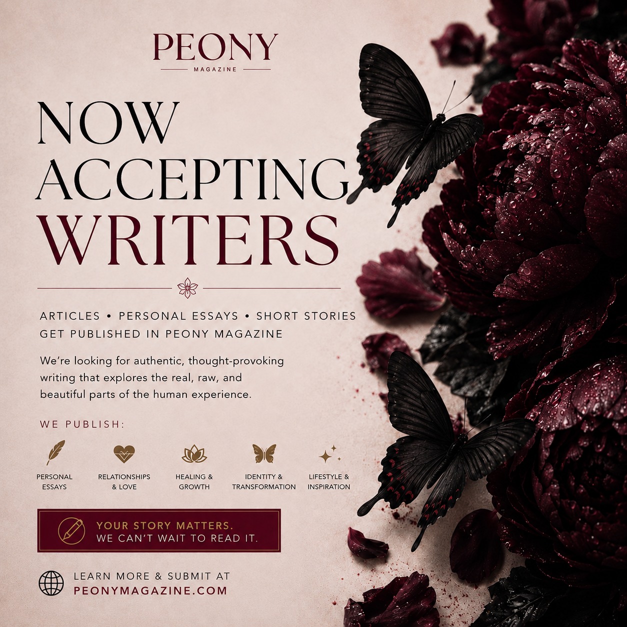 Peony Magazine Facebook ad: Get Published - Peony Magazine